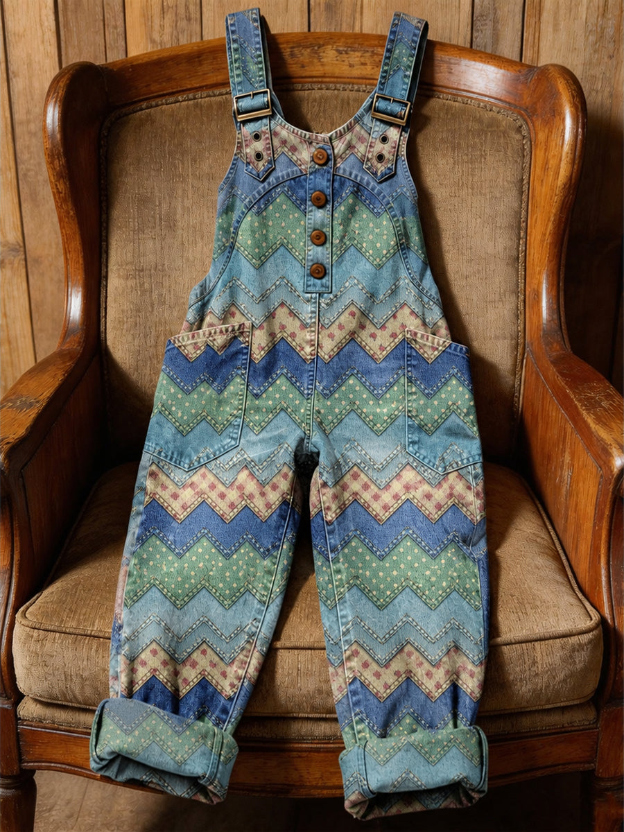 Women's Retro Style Art Print Washed Cotton Denim Patchwork Jumpsuit